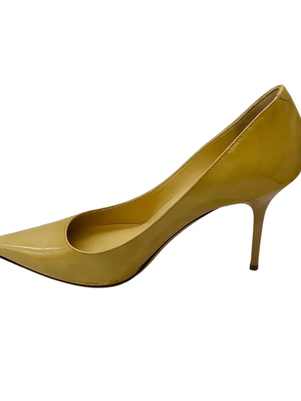 JIMMY CHOO NUDE POINTED TOE PATENT LEATHER PUMPS